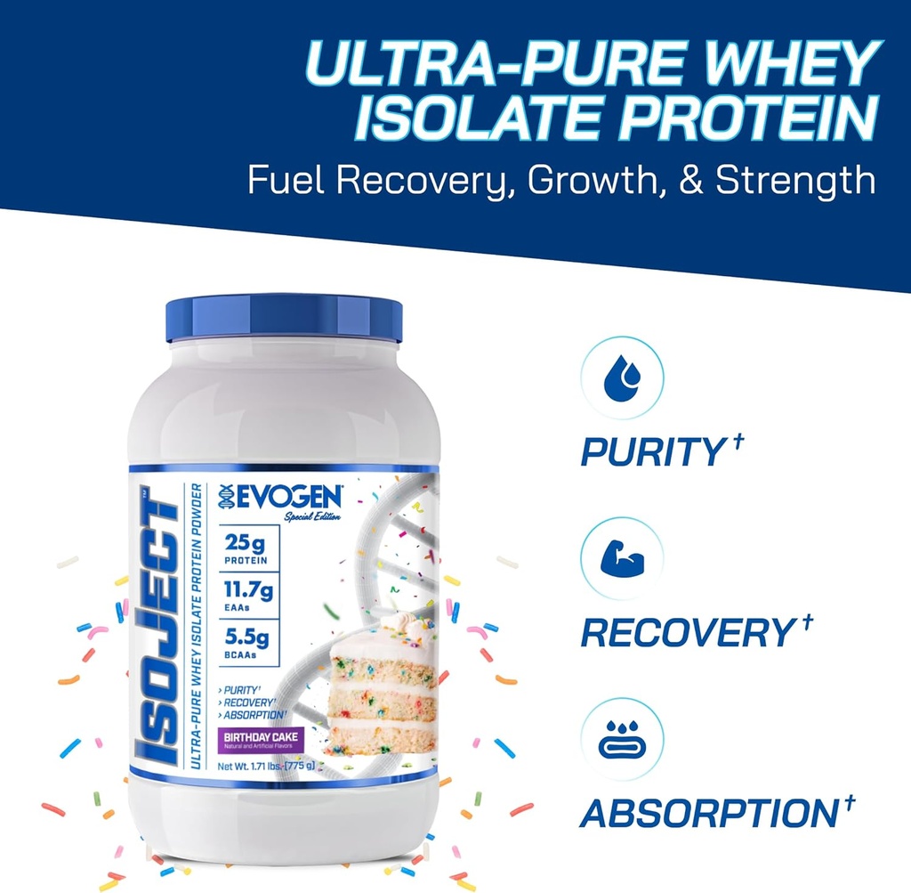 Evogen Isoject - Whey Protein Isolate | Ultra-Pure Whey Protein Pulver mit Ignitor Enzymes, BCAAs und EAAs | Enhanced Absorption & Recovery | Birthday Cake | 25 Servings