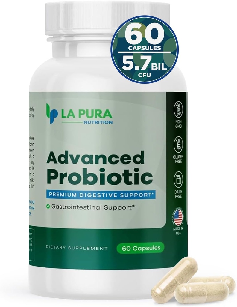 LaPura Advanced Probiotic - Premium Digestive Unterstützung für Gut & Immune Gesundheit, 60 Kapseln - 5.75 Billion CFU Probiotics einschließlich DE111 Strain (Bacillus subtilis) - Non-GMO, Gluten-Free, Made in USA