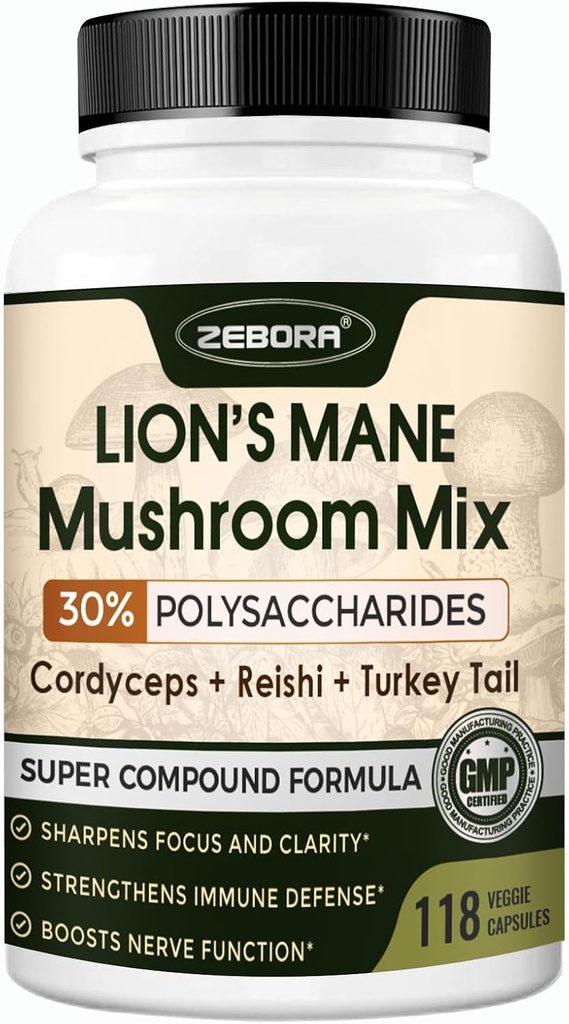 Lions Mane Supplement Kapseln - Pilz-Ergänzung mit Lions Mane, Cordyceps, Reishi, Türkei-Tail, Shiitake - Lions Mane-Ergänzung für Gedächtnis, Fokus und Immununterstützung - 118 Vegan Mushrooms Kapseln