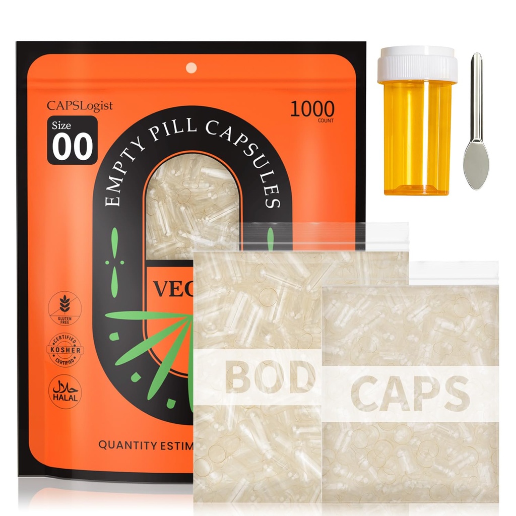 00 Kapseln 1000 Zähler, Leere Pillen Kapseln, Vegan Kapseln Leer, Gel Kapseln Größe 00 mit Löffel und Medizin Flasche für Kapselfüllung, Gemüse Kapseln Leer, Klar