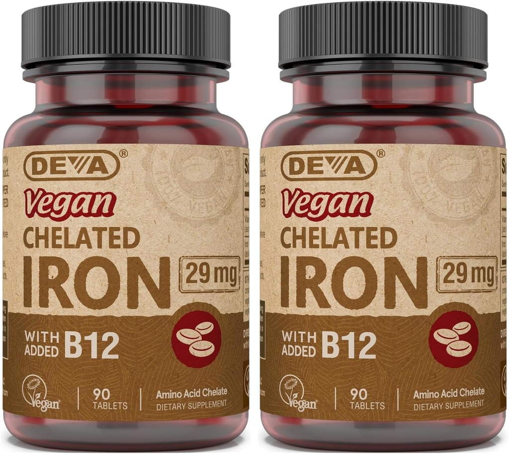 DEVA Nutrition Vegan Chelat Iron 29 mg Fortified with B-12 - Hohe Potenz, leicht zu schwalben - 90 Tabletten, 2-Pack