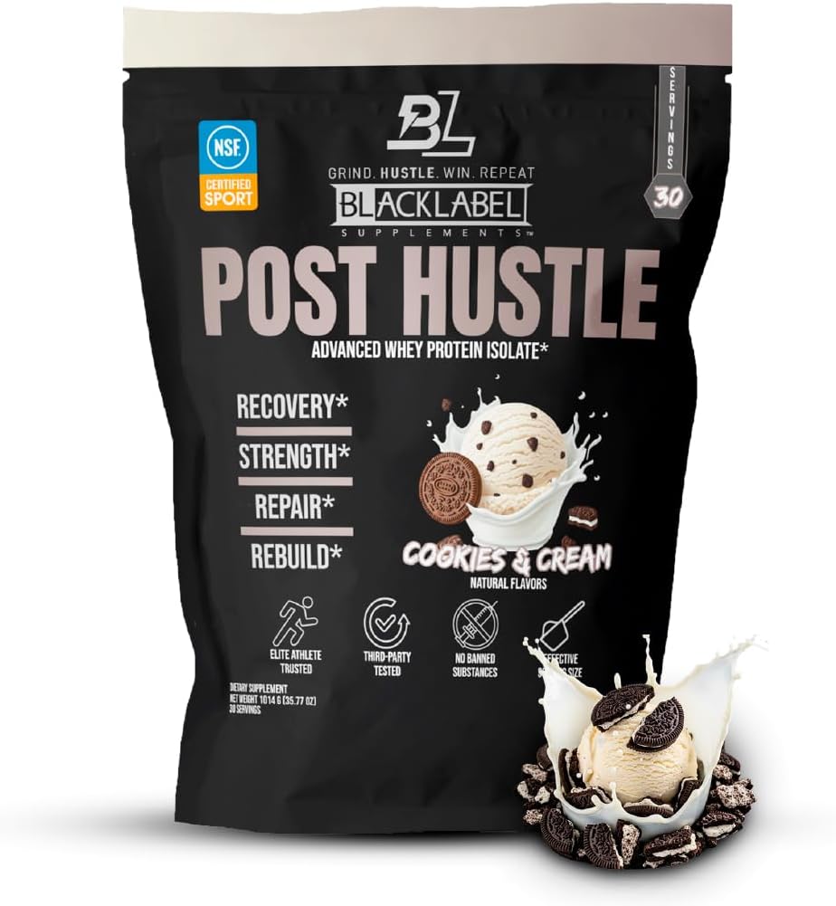 BLACKLABEL ergänzt Post Hustle Post Workout Protein Powder, 30 Portionen – NSF zertifiziert für Sport Whey Isolate Protein Powder mit Verdauungsenzymen – Cookies & Cream