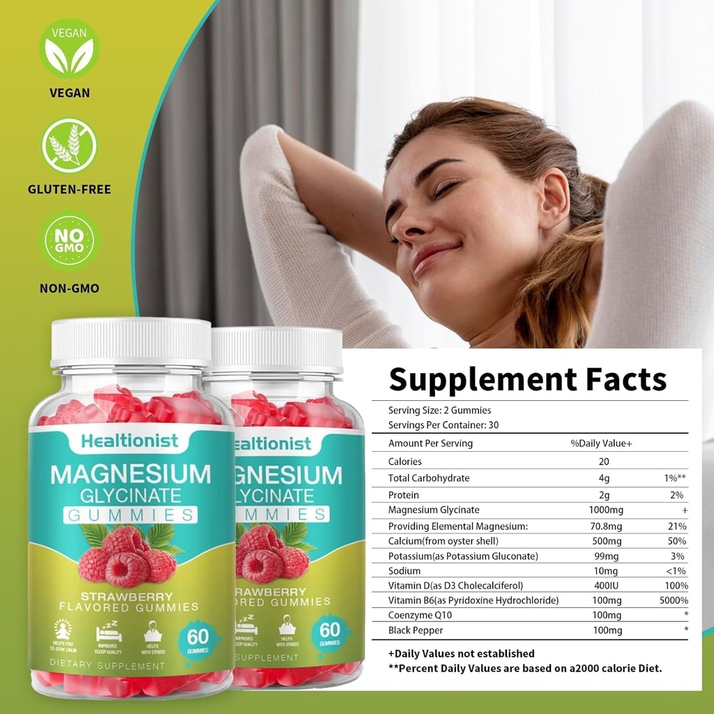 1 Pack Magnesium Glycinate Gummis für Erwachsene & Kinder, beste Magnesiumergänzung Gummy für Schlaf, Stress & Muskelrelief & Nerve Gesundheit, 60 Zähler