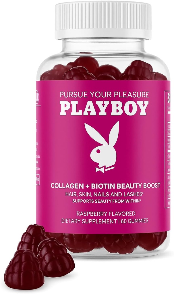 Playboy - Collagen + Biotin Beauty Boost Gummis für Haare, Haut, Nägel & Lashes (60 Gummi) - Raspberry Flavored Biotin & Collagen Supplement für Frauen & Männer - Non-GMO, Glutenfrei, Nut Free Gummy