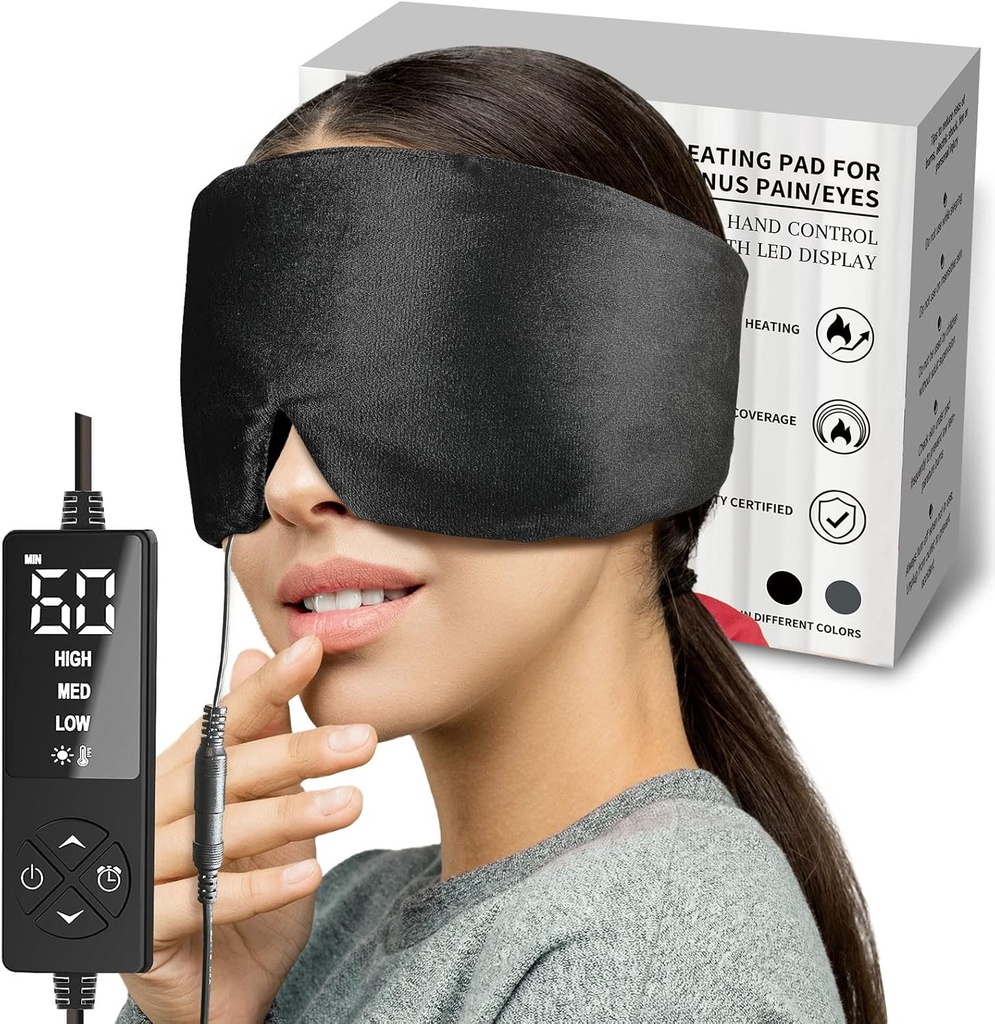 sticro Beheizte Augenmaske mit extra großer Größe für trockene Augen und Sinus Druck Relief, Ultra weiches Gesicht Heizkissen für Zug Kopfschmerzen Relief, Jaw TMJ Schmerz Relief - 3 Hitze & 5 Timing-Einstellungen (schwarz)