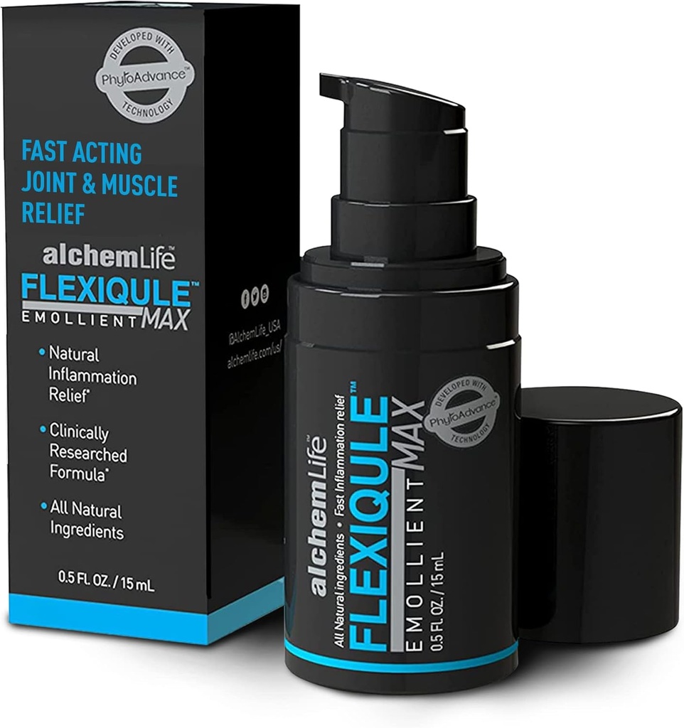 AlchemLife FlexiQule MAX - Fast Acting Emollient Supporting Natural Joint & Muscle Relief - Beruhigt Stiffness & Aids Mobility - Leistungsstarke Phyto-Aktiven von Ginger, Boswellia & Piperine - (15mL Pumpe)