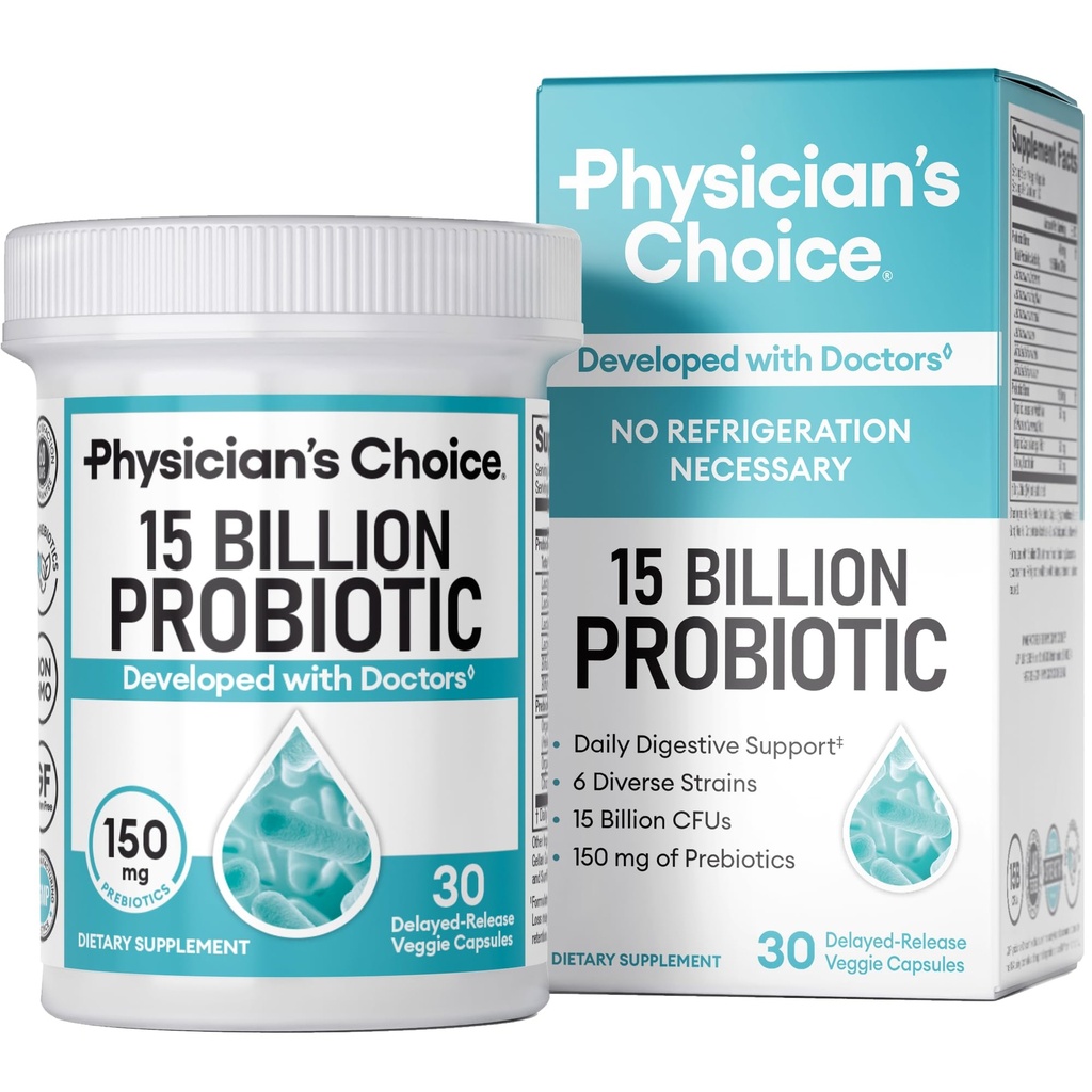 Physician's CHOICE Beginner Probiotics 15 Billion CFU - 6 Diverse Strains & Organic Prebiotics, entwickelt für allgemeine Verdauungs-Gesundheit und unterstützt ortsansässige Beratung, Durchfall, Gas & Bloating