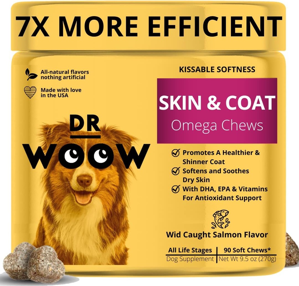Omega Wild Alaskan Lachs Fischöl 90 ct Weiche Chews für Hund - Anti Itch & Coat + Allergie-Unterstützung, mit Kelp, Biotin, Vitamine, Zink - Hilft juckende Haut, Hundeallergien, Mai Reduce Shedding
