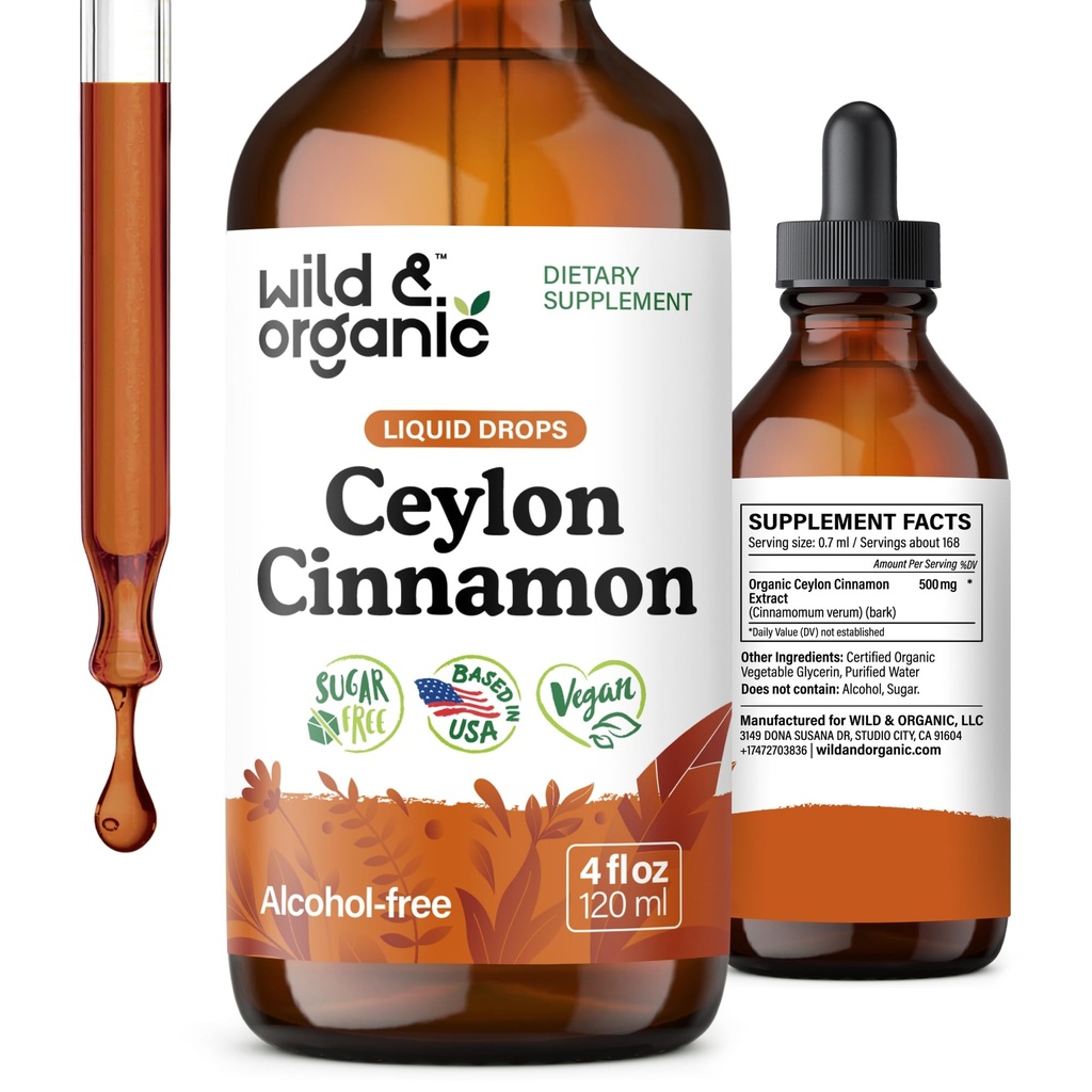 Wild & Organic Ceylon Cinnamon Tincture 500 mg - Liquid Cinnamon Supplements for Overall Support - Cinnamomum Verum Bark Extract - Vegan, Zucker & Alkoholfrei, Non-GMO - 4 fl oz