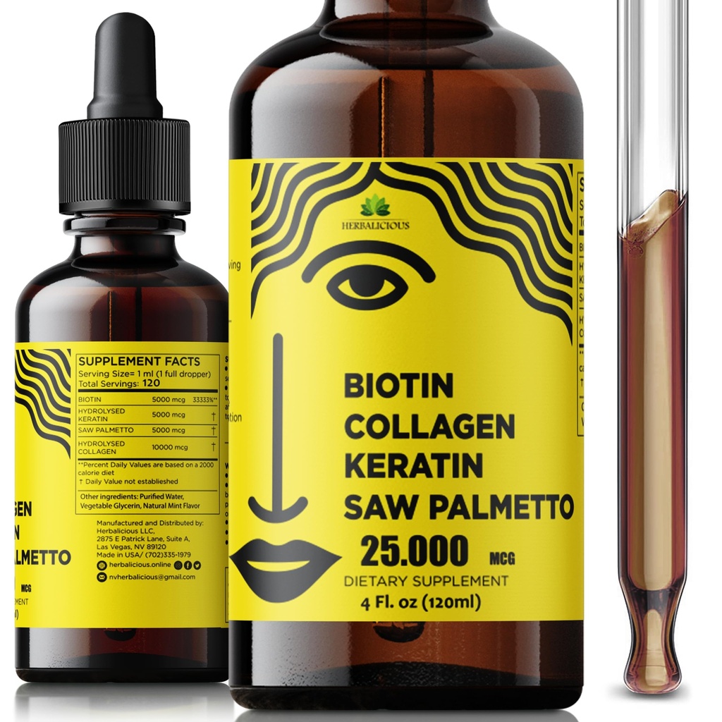 Liquid Biotin Collagen Keratin 4fl oz Liquid Supplements für Damen - Umfassende Formel Haar Hautnägel Ergänzung mit 10000mcg Collagen 5000 mcg Biotin 5000 mcg Keratin 5000 mcg Saw Palmetto