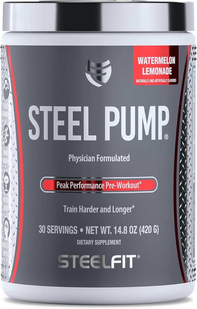 SteelFit Steel Pump | Advanced Pre Workout Powder & Nitric Oxide Supplement | Watermelon Lemonade, 30 Servierungen | für Muskelaufbau & Erholung | Hergestellt mit Peak ATP, Ashwagandha, & Elektrolyte