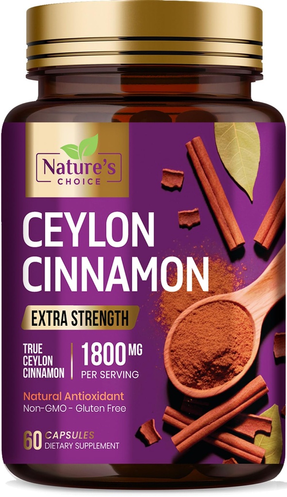 Ceylon Cinnamon Kapseln 1800mg - Certified Organic Cinnamon, Bottled in USA, & Pure Extra Strength Ceylon Cinnamon Supplement, Antioxidante Pillen, Non-GMO & Gluten Free, Sugar Free - 60 Kapseln