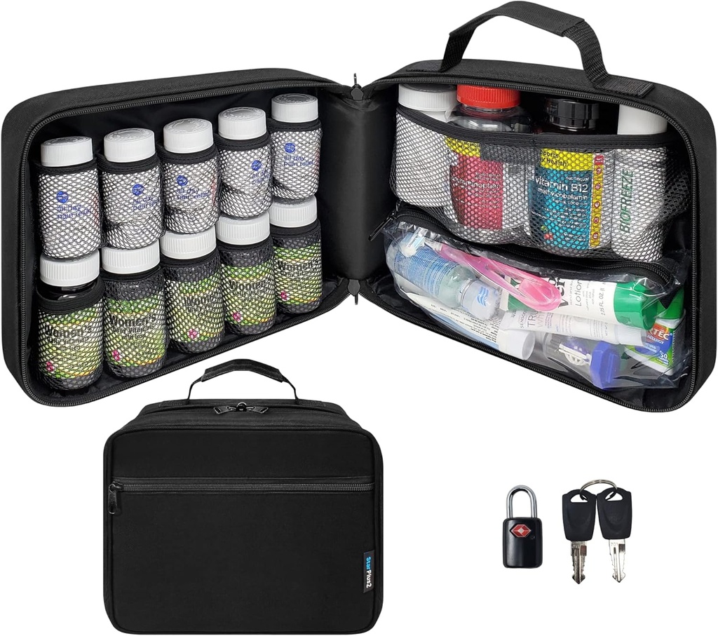 Große gepolsterte Pillen Flasche Organizer, Medizin Tasche, Case, Träger für Medikamente, Vitamine und medizinische Versorgung - Reisemedizin Organizer und Home Storage Med Bag - Schwarz (mit TSA Lock)