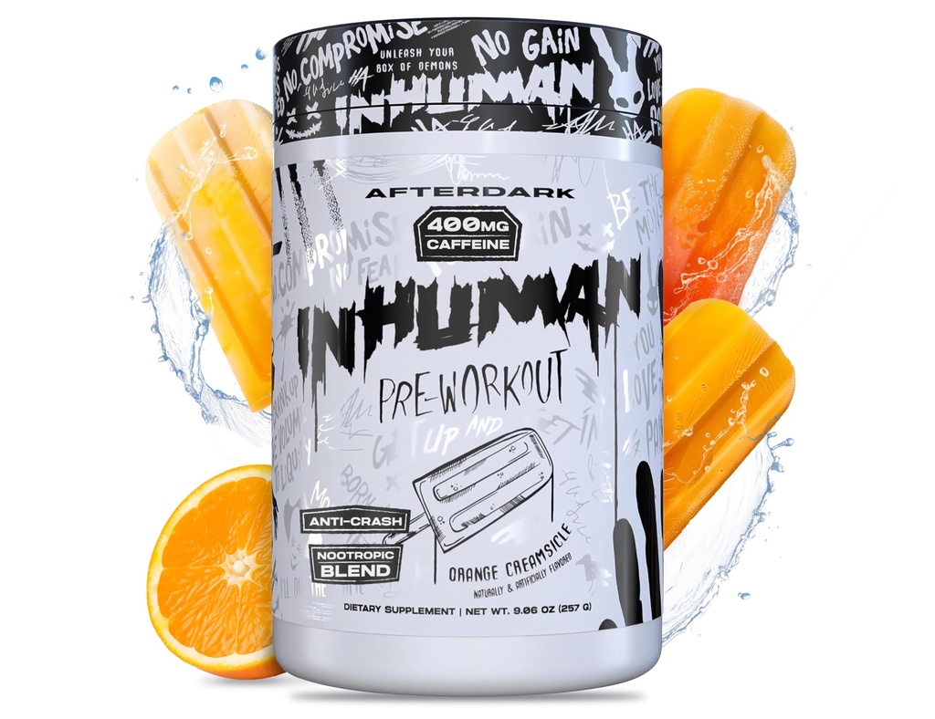 AFTERDARK INHUMAN Pre-Workout-Pulver, Enhanced Mind-Muscle Connection, Sustained Energy, Potent Nootropic Blend, Vegan, Glutenfrei, Soja-frei, 400mg Koffein, kein Crash, Orange Creamsicle