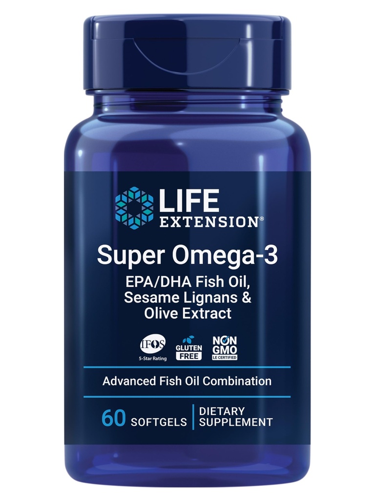 Life Extension Super Omega-3 EPA/DHA Fish Oil, Sesam Lignans & Olive Extract – Herzgesundheit, Gehirngesundheit, Entzündungsgesundheitsunterstützung, Cholesterol Health Support, Glutenfrei, Non-GMO, 60 Softgels