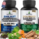 Sea Moss & Shilajit Multivitamin Bundle - Sea Moss 7000mg, Shilajit 9000mg, Black Seed Oil 4000mg, Ashwagandha 2000mg, Ginger & Rhodiola Rosea 1000mg, Alle in 1 Beilagen