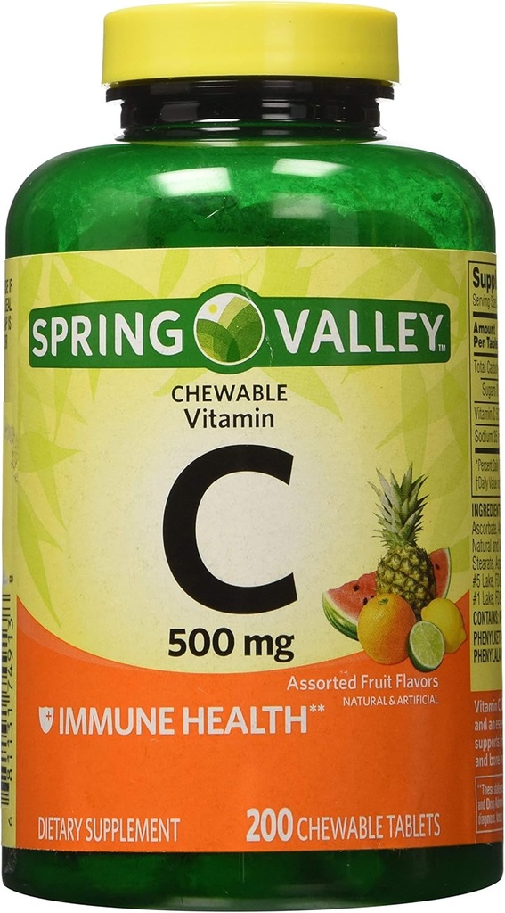 Spring Valley - Vitamin C Multiple Fruit Flavors 500 mg, 200 Kautabletten (2 Pack) + 1 Mini Travel Pill Container mit Schlüsselanhänger (Farben Mai Vary)