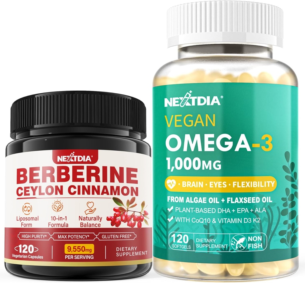 Berberine Supplement 1500mg + Vegan Omega 3 Supplement 1000mg