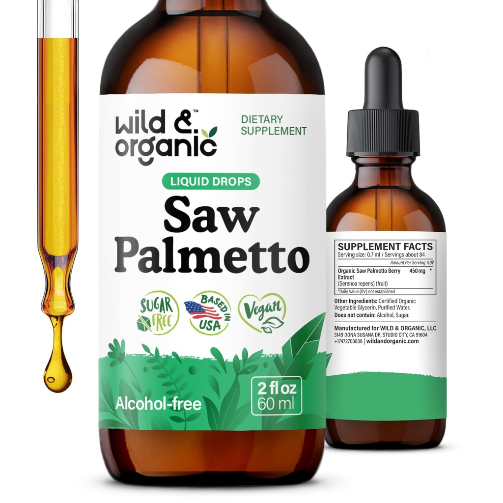 Wild & Organic Saw Palmetto Extract Drops - Urinary Support - Saw Palmetto für Herren & Frauen - Liquid Serenoa Repens Berries Supplement - Vegan, Zucker & Alkoholfrei - 2 fl oz