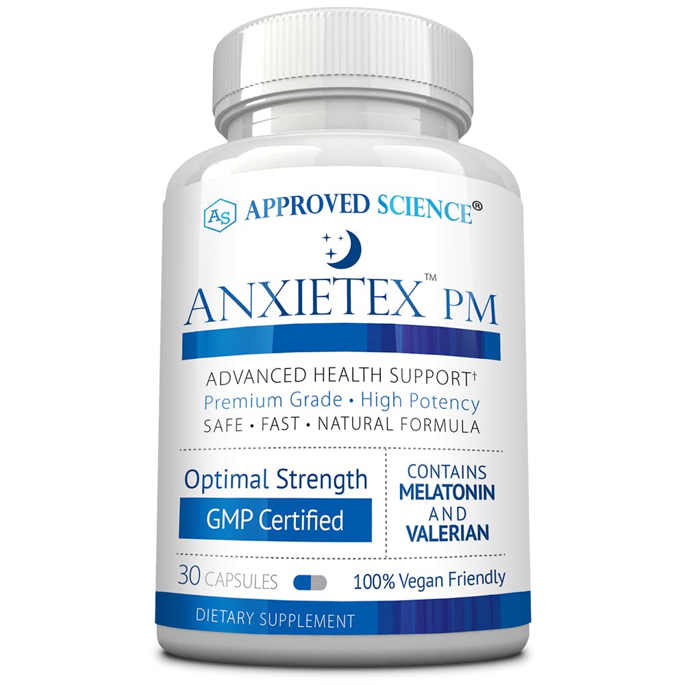 Genehmigte Science Anxietex Night - Ease Worry and Discontent, Sleep Well - Valerian, Passion Flower, Kamille - 30 Kapseln - Vegan Supplement - Made in USA