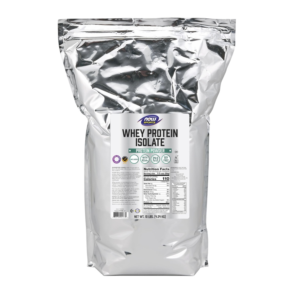 NOW Foods Sports Nutrition, Whey Protein Isolate, 25 g With BCAAs, Unflavored Powder, 10-Pound
