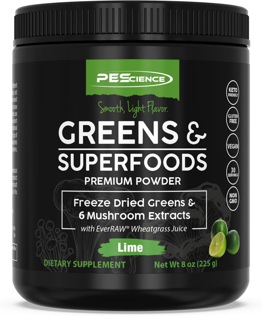 PEScience Greens Pulver Superfood mit natürlichem Chlorophyll, Reishi & Turkey Tail Mushroom Powders, Freeze-Dried Kale, Spinat, Broccoli Sprouts, Lime Flavor, 30 Portionen