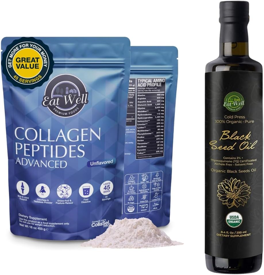 EAT WELL PREMIUM FOODS Collagen Peptide Powder Protein 45 Servierungen, 16oz & USDA Organisches Schwarzes Samenöl 8.4 FL oz Flaschen