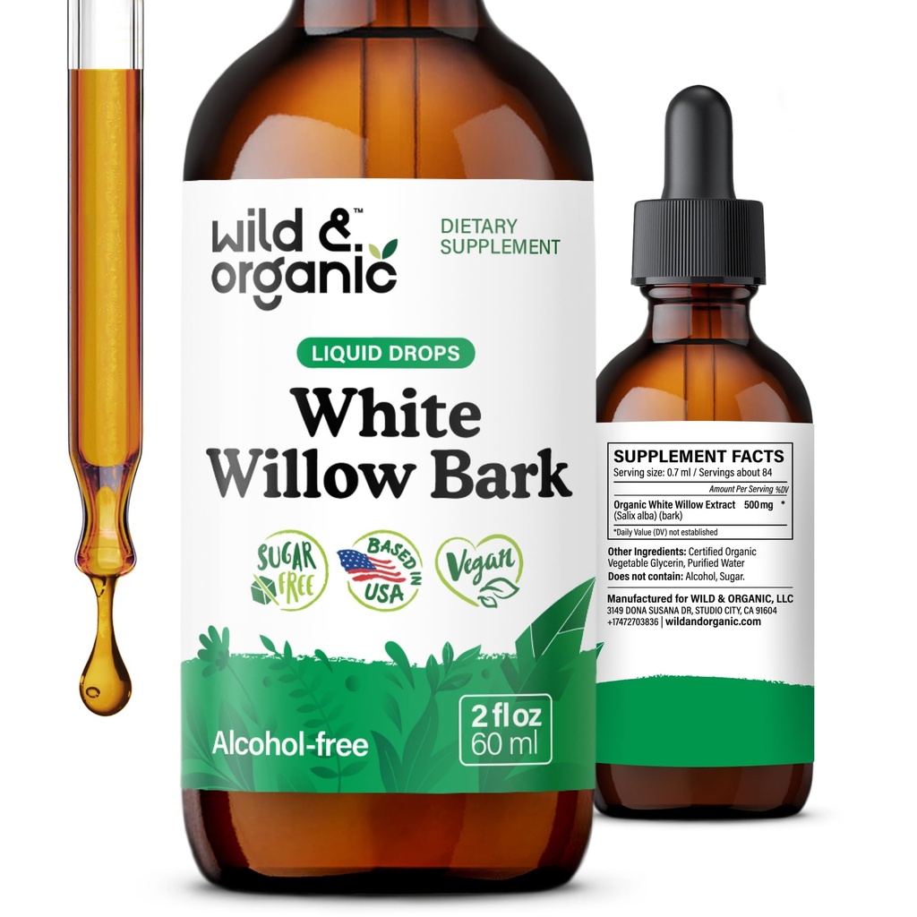 Wild & Organic White Willow Bark Extract Liquid Drops - Gesamt Well-Being-Ergänzung - 500 mg White Willow Bark Herb Tincture - No Alkohol & Zucker, Non-GMO - 2 fl oz