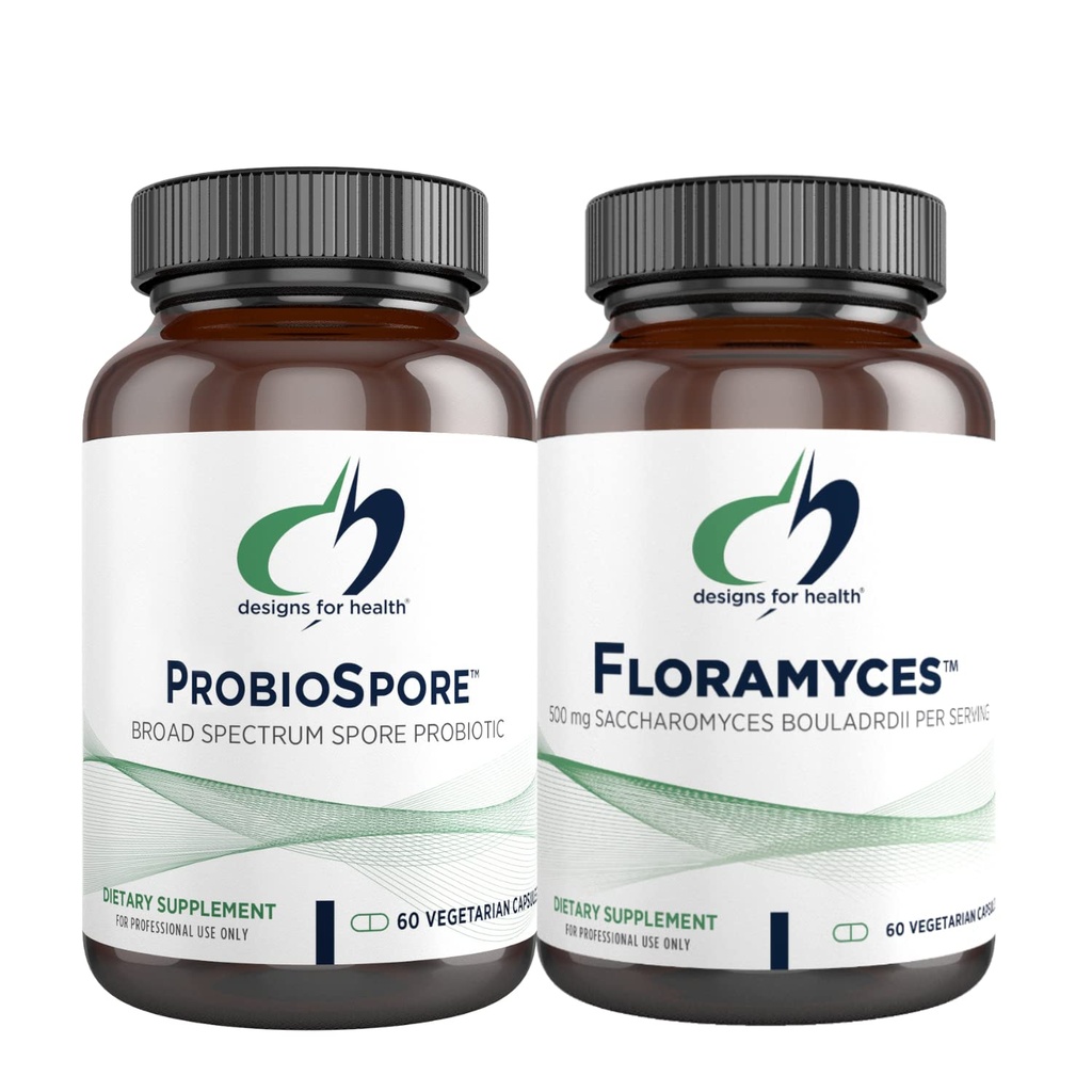 Designs für Gesundheit Saccharomyces Boulardii (60 Kapseln) + ProbioSpore Spore Based Probiotic (60 Kapseln) - 2 Gut Health Supplements - Regal-stabil, Säurebeständige Verdauungsprobiotik