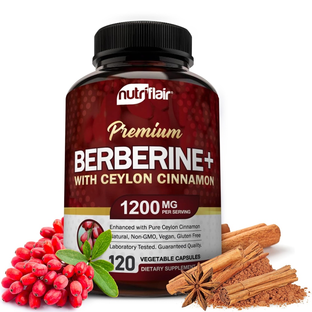 NutriFlair Premium Berberine HCL 1200mg, 120 Kapseln - Plus Pure True Ceylon Cinnamon, Berberine HCI Root Supplements Pillen - Immunsystem - liefert eine Optimale 8% HCl