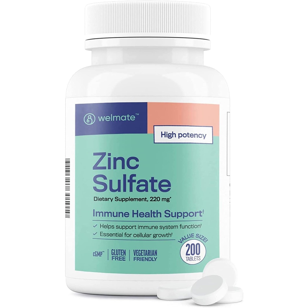 WELMATE Zinksulfat 220mg | Nahrungsergänzungsmittel | Immungesundheitsunterstützung | 200 Zähler Tabletten