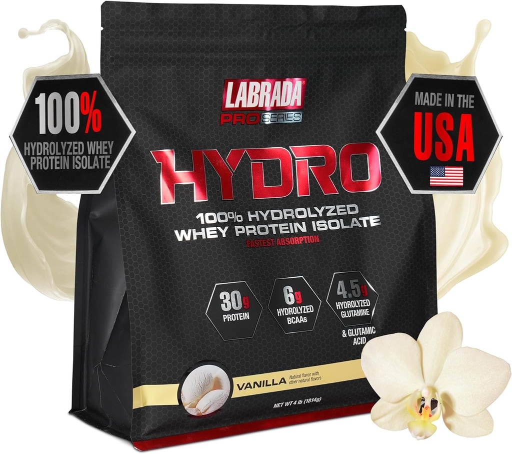 LABRADA Hydro 100% reines hydrolysiertes Whey Protein Isolat Pulver, Lactosefrei, Glutamin, Schnellstes Digesting Whey Verfügbar, Instant Mixing, Delicious Taste 48 Servierungen 4lb (Vanilla)