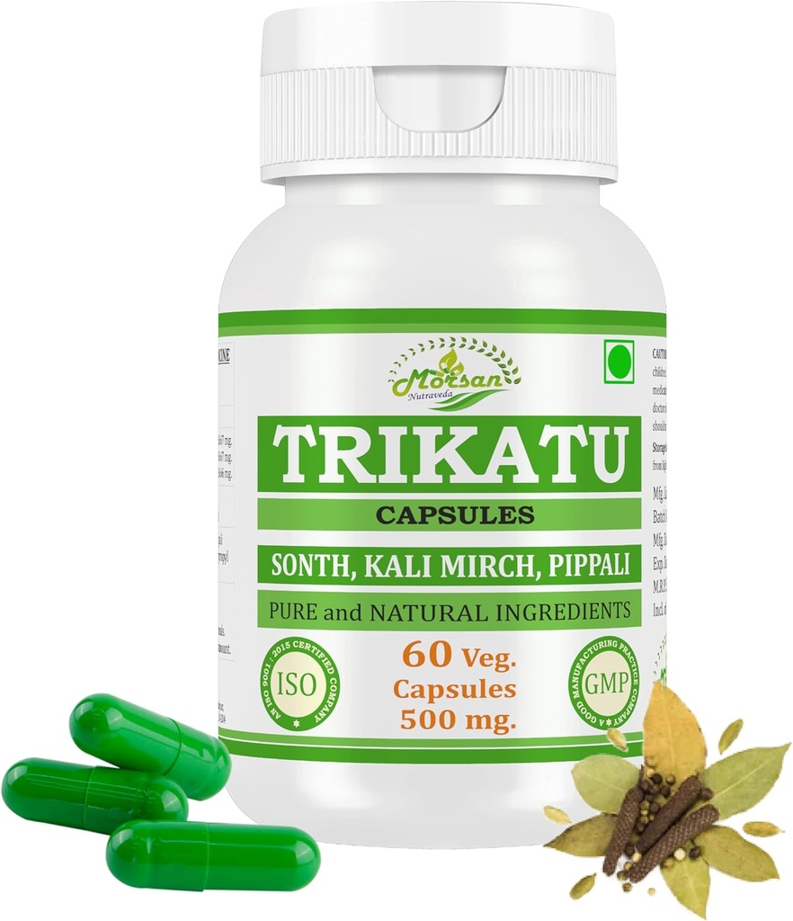 Natürliche und reine pflanzliche Trikatu (Pippali, Kali Mirch, Sonth) Extrakt Kapseln | Höchste Potenz, 100% pflanzliches Produkt | Packung von 60 X 500 mg. Veg. Kapseln (Pack von 1 Jar)
