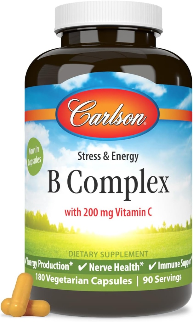 Carlson - B Complex Balanced B Vitamine mit Vitamin C - Stress, Energie & Immun Vitamin B Komplex für Frauen & Männer - 180 Vegetarische Kapseln