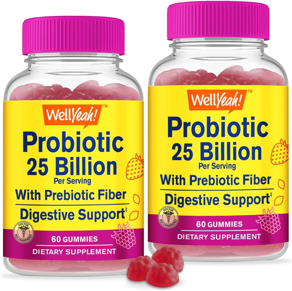 WellJa (2 Pack 25 Billion Probiotics + Präbiotika für Männer und Frauen Gummi - Verdauungsunterstützung, Gutgesundheit, Immununterstützung Gamma - Probiotika für Verdauungsgesundheit mit 12 Strains - 60 Gummies