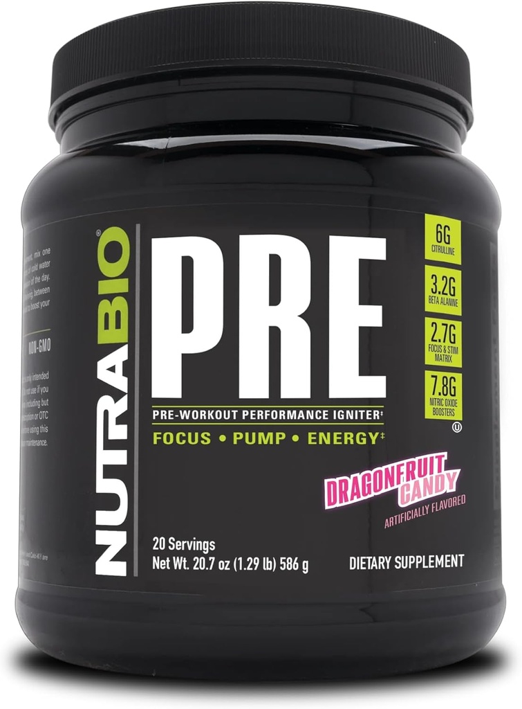 NutraBio PRE Workout Powder - Alte Formel-Sustained Energy, Mental Focus, Endurance - Beta Alanine, Kreatin, Koffein, Elektrolyte - 20 Servierungen - Dragonfruit Candy