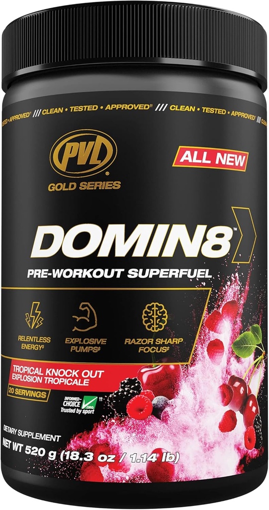 PVL Gold Series Domin8 | PreWorkout Superfuel - Vollständige Dosis Vorarbeit - 520 g - Tropical Knock Out