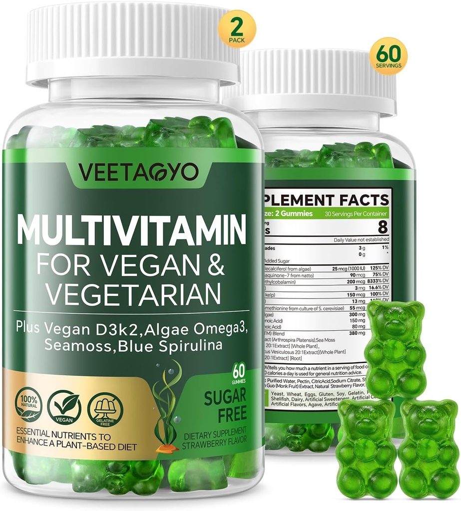 Vitamin D3 + K2-1000IU D3 90mcg K2 - Multivitamin für Vegetarisch & Erwachsene w/Algae Omega-3,Iron,Methyl B12,Seamoss,Iodin für Knochen,Muskel,Energie, Immunität Support- Sugar Free,Gluten-Free,120 Count
