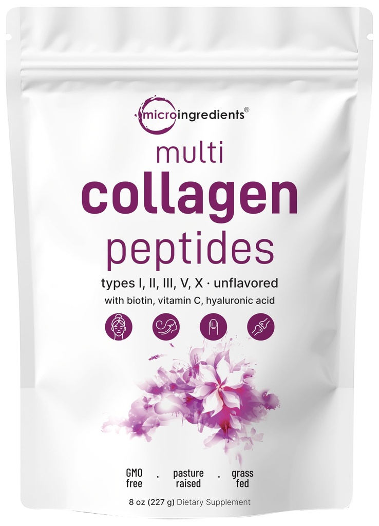 Micro Ingredients Multi Collagen Peptides Powder, 8oz | Typ I, II, III, V, X + Biotin, Vitamin C & Hyaluronsäure | Unflavored | Unterstützt Haar, Haut & Gelenke Gesundheit | Keto, Non-GMO