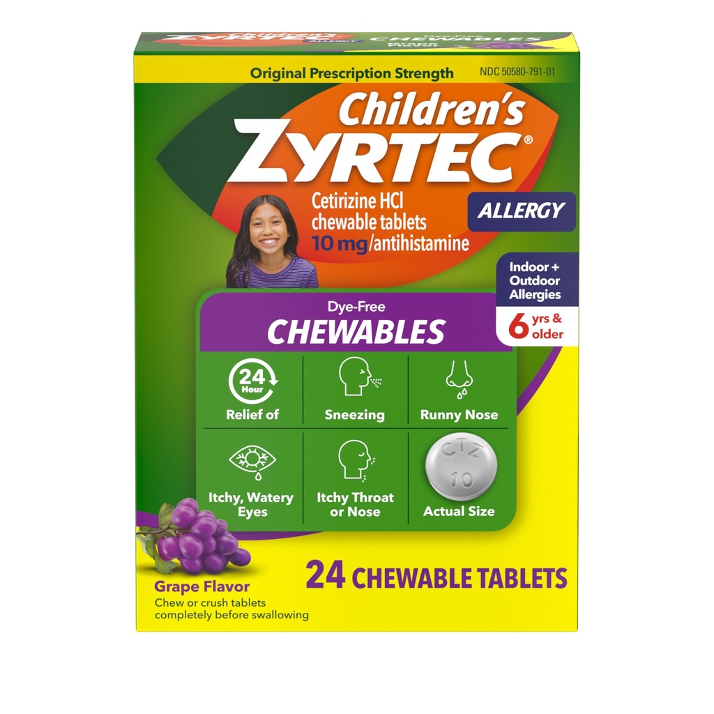 Zyrtec Kinder Dye-Free Chewables für 24 Hour Allergy Relief, 10 mg Cetirizine Hydrochlorid Antihistamin Tablets, Kinder Allergy Medicine glaubt Niesen & Itchy Throat, Trauben, 24 ct