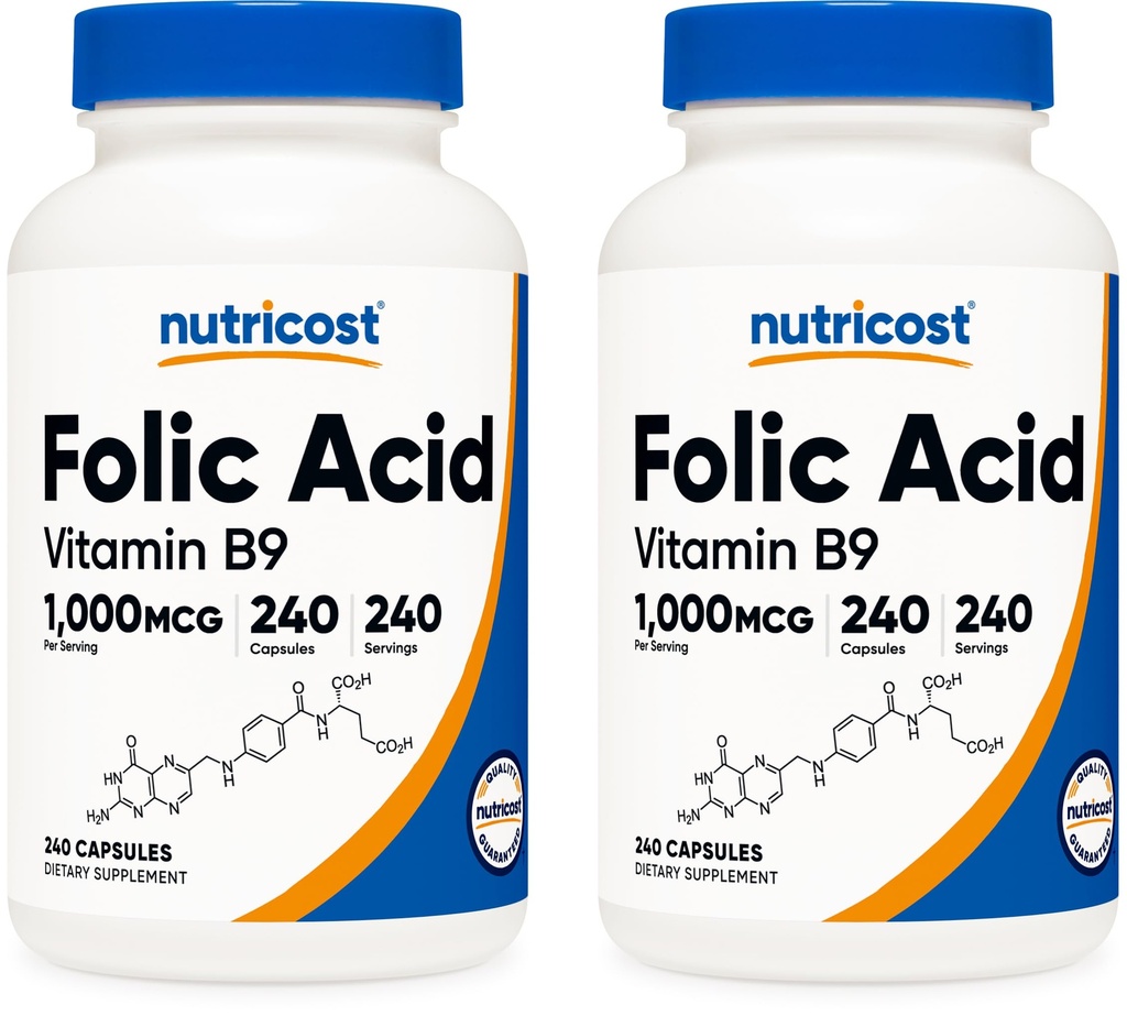 Nutricost Folic Acid (Vitamin B9) 1000 mcg, 240 Kapseln (2 Flaschen)