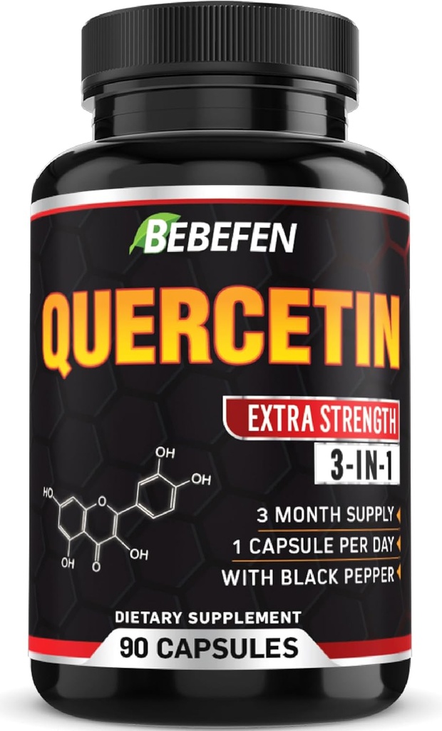 BEBEFEN Quercetin Kapseln - 7050mg Formel Pillen mit schwarzem Pfeffer Extrakt - 90 Kapseln Quercetin Pillen für Unterstützung Immun Gesundheit & Herz-Kreislauf Gesundheit - 3 Monate Versorgung