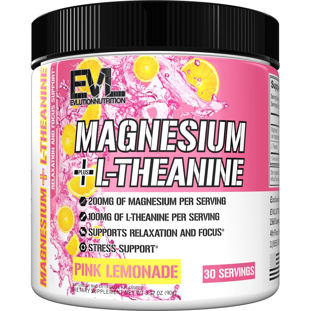 Evlution Nutrition Magnesium + L-Theanin - Natural Relaxation & Focus Support - 200mg Magnesium + 100mg L-Theanin - Vegan & Non-GMO - Pulver Nahrungsergänzung - 30 Servietten - Pink Lemonade