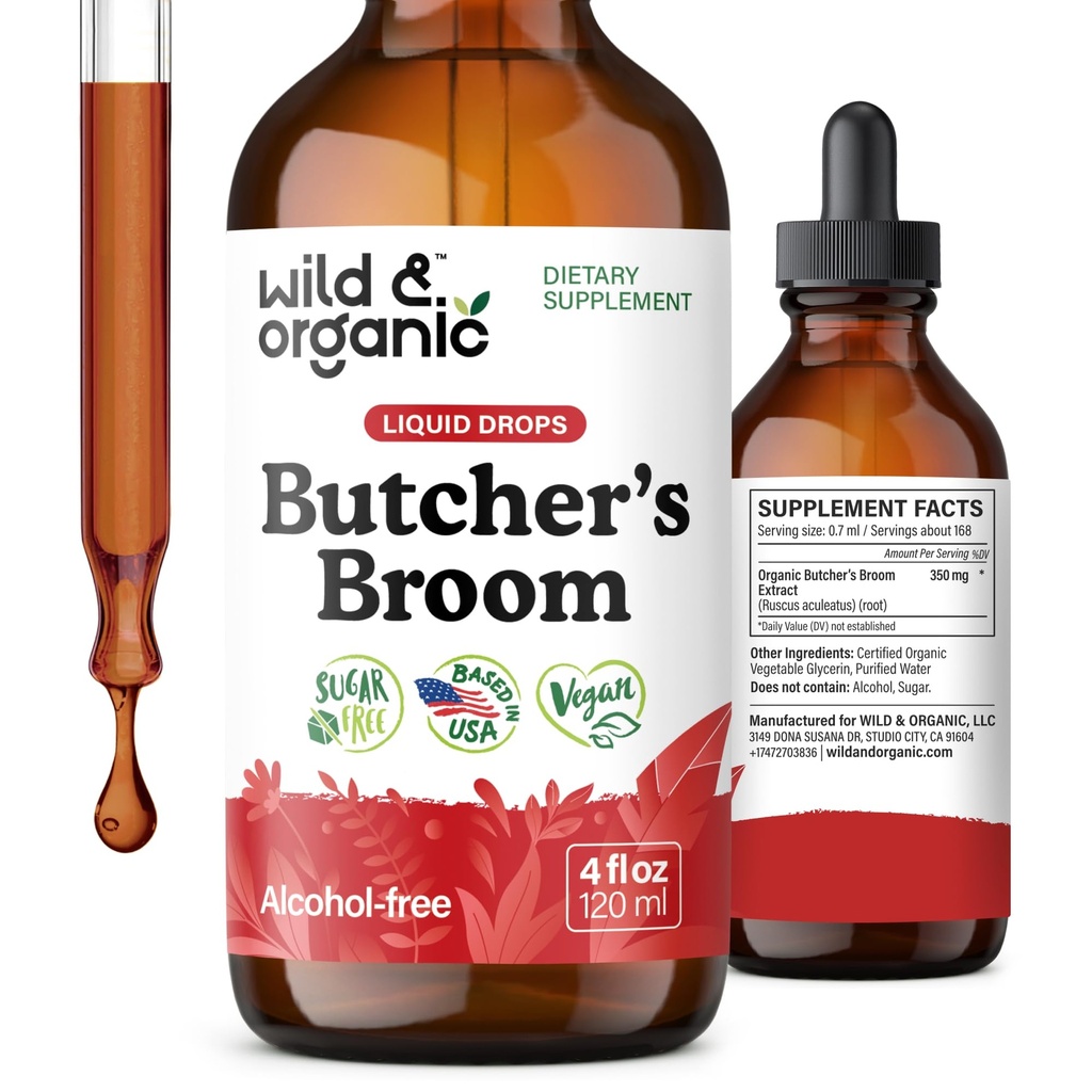 Wild & Organic Metzger Broom Tincture - Beilage - Ruscus Aculeatus Root Drops - Kräuter Metzger Broom Supplement - Vegan, kein Alkohol & Zucker - 4 fl oz