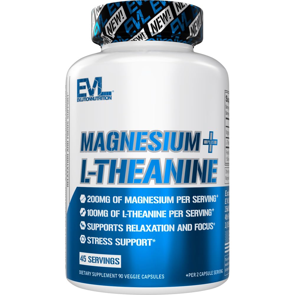 Evlution Nutrition Magnesium + L-Theanin - Natural Relaxation & Focus Support - 200mg Magnesium + 100mg L-Theanin - Vegan & Non-GMO - Nahrungsergänzung - 45 Servietten - 90 Veggie Kapseln