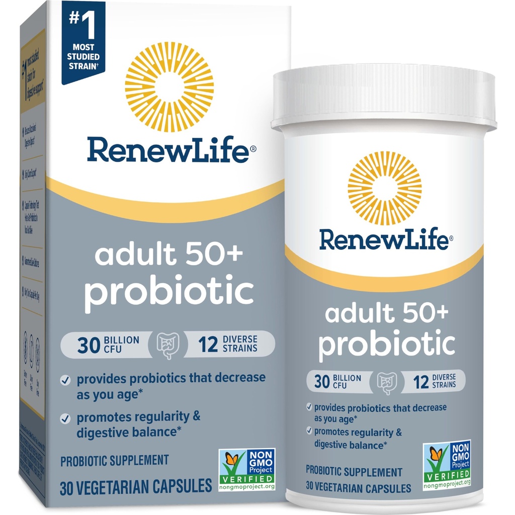 Renew Life Probiotic Adult 50 Plus Probiotic Capsules, Daily Supplement unterstützt Urinary, Digestive and Immune Health, L. Rhamnosus GG, Dairy, Soy und glutenfrei, 30 Billion CFU, 30 Count
