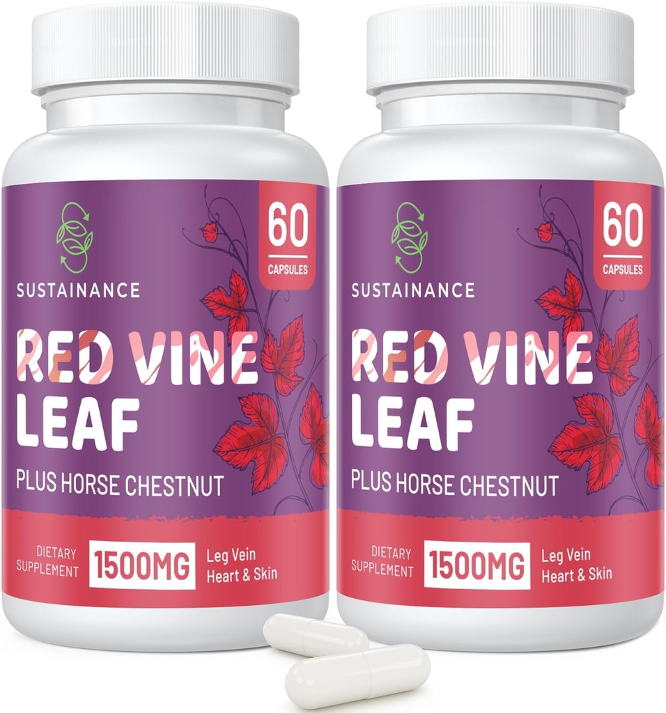 Rote Vine Blatt Extrakt 1400mg & Pferde Chestnut Extrakt 100mg Beilage für Leg, Vein, Zirkulation, Herz, Haut (60 Kapseln - 2 Flaschen)