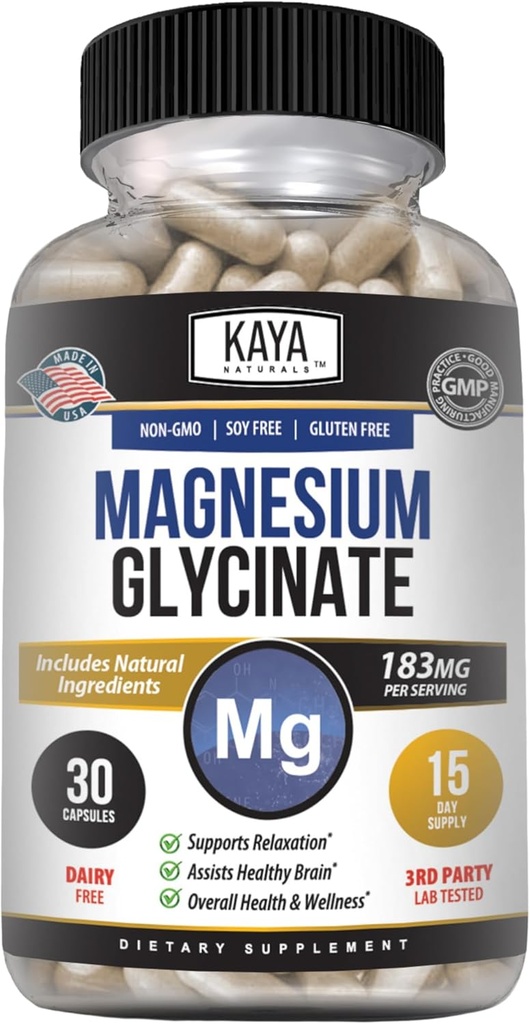 Kaya Naturals Magnesium Glycinate 183mg pro Caps, Chelat für maximale Absorption, Non-GMO, NO Gluten Dairy & Soy, unterstützt Muskel und Herzgesundheit 30 Count