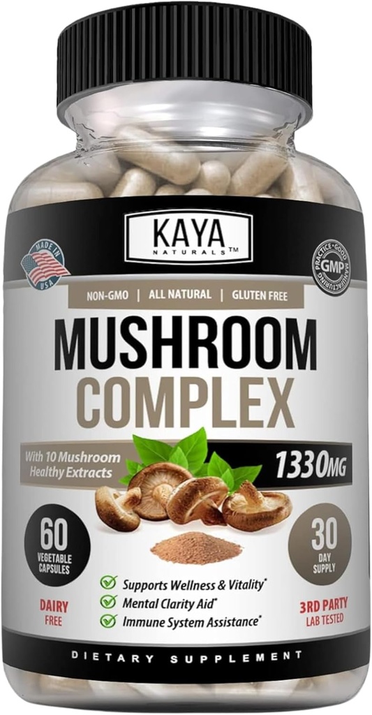 Kaya Naturals Premium Pilz Complex Potent - Pilz Complex Kapseln 1330mg pro Servieren - Aids Mental Clarity unterstützt Immunsystem, Wellness & Vitalität - 60 Count