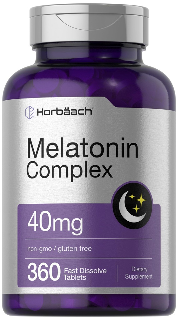 Horbäach Melatonin 40mg Komplex | 360 Fast Dissolve Tabletten | Adult Extra Strength Supplement | mit Kamille und Ashwagandha | Vegetarisch, Nicht-GVO, Glutenfrei